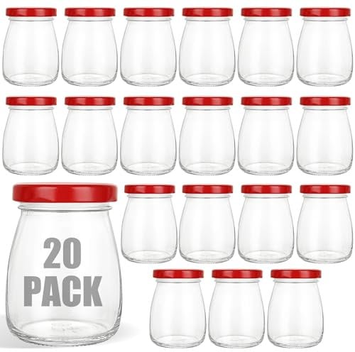 CYEER Lot de 20 petits bocaux en verre avec couvercles de 100 ml, bouteilles à shot avec couvercles, mini bouteilles en verre pour lait, pudding, yaourt pour la fabrication de yaourt, pudding, lait,