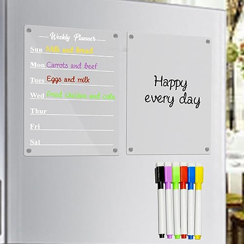 Acrylic Calendar for Fridge, Clear Magnetic Fridge Calendar Dry Erase, Set of 2 Planning Noteboard Memo Board, Weekly Meal Planner Magnetic Menu Board for Kitchen, Includes 6 Markers with 6 Colors