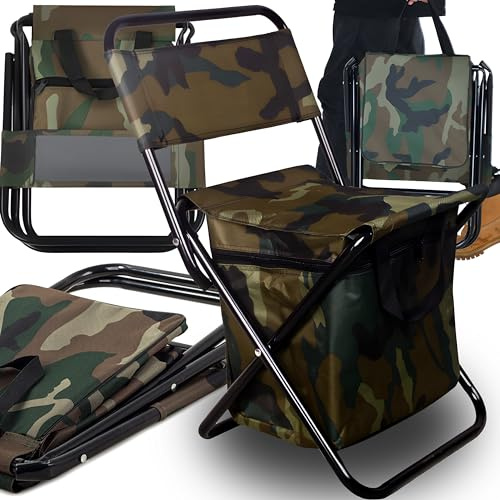 Retoo Silla Plegable de Pesca Mini Taburete Camping con Refrigerador Bolsa de Picnic Portátil para Senderismo Pícnic Jardín Balcón Playa Camuflaje 34x25x58 cm Tela Oxford