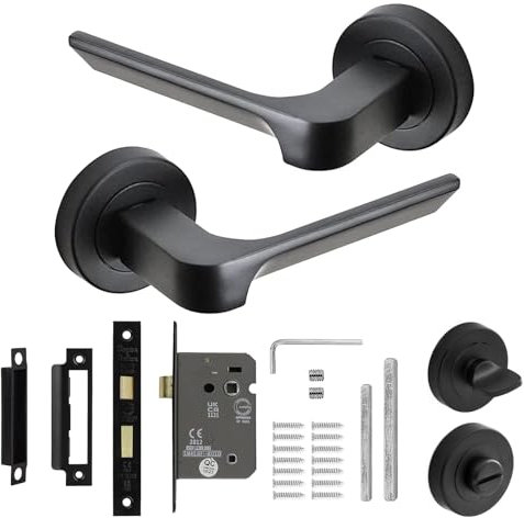 Decoranddecor Black Door Handles Internal Sets, Door Handle Set, Matt Black Door Handles Internal, Interior Door Handles - Mirage Range (2.5 Inch Bathroom Door Lock - Bathroom Turn and Release Lock)