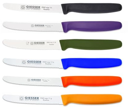 Giesser Messer 6er Set bunt Tomatenmesser Brötchenmesser Allzweckmesser 11cm Wellenschliff 3mm - schwarz violett olive blau orange gelb