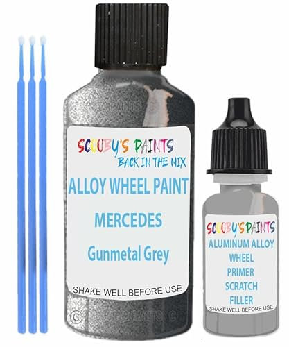 SCOOBYS PAINTS BACK IN THE MIX Alloy Wheel Repair Touch Up Paint Compatible With Mercedes Rims Curbing Scratch Stone Chip With Anti Rust Grey Primer