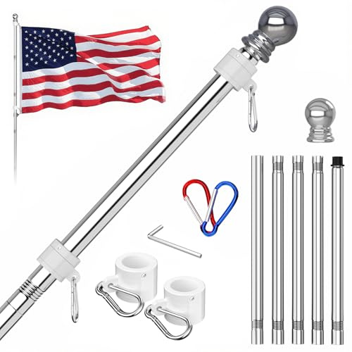 ZMTECH Fahnenmast-Set, 1,8 m, verhedderungsfreier Fahnenmast für Außenhaus, Fahnenmasten für Boot ohne Halterung, Flagge (Silber)