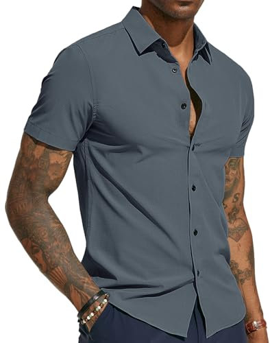 PJ PAUL JONES Chemise à manches courtes pour homme - Coupe droite - Infroissable - Chemise d'affaires - Chemise d'été, Gris/bleu, M