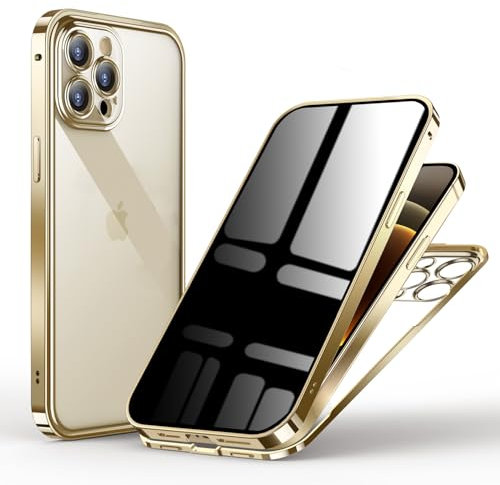 WEYNRBOX Privacy Case for iPhone 12 Pro,Magnetic Double-sided Tempered Glass Case with Anti-peeping Screen Protector,Front & Back Metal Bumper/360 Full Cover Anti-Spy Phone Case for 12 Pro,Clear Gold