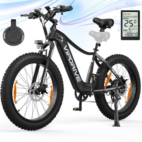 Vipdrive E-Bike Herren Mountainbike mit 250W Motor, Fatbike 26 * 4.0 Zoll, Elektrofahrrad 48V 15Ah Abnehmbarer für Lange Reichweite bis 100KM, Electric Bike 7-Gang-All-Terrain für MTB, Strand & Schnee