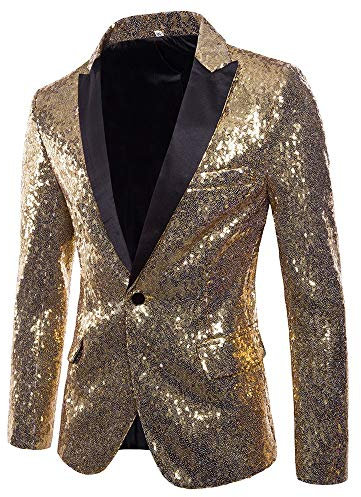 Charm Herren Casual One Button Fit Anzug Mantel Jacke Pailletten Party Top Shirts für Männer Langarm, gold, 2XL
