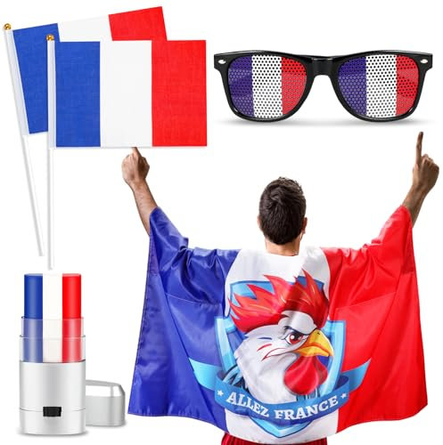 HOWAF Kit Supporter France, Cape Drapeau France Cape Fan Drapeau Tricolore France, Petit Drapeau Drancais, Maquillage Bleu Blanc Rouge Maquillage France Lunettes Decoration Jeux Sportifs