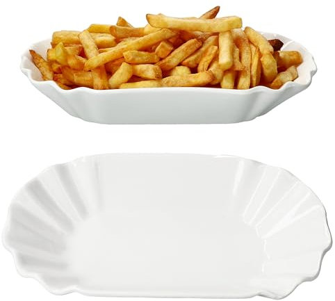 MamboCat 2er Set Frietjes Pommesschale I weiße Wiederverwendbare XL-Currywurstschale aus Porzellan I Snackteller mit Relief für Würstchen, Pommes & Co