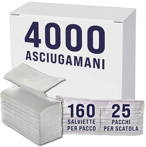 4000 Asciugamani di Carta in Pura Cellulosa Ripiegati a Z, a 2 Veli (25 confezioni da 160) - Salviette di carta intercalati monouso, per Uffici, Ristoranti, Bar, Hotel, Spazi Commerciali