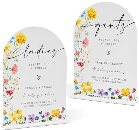 2 Pcs Floral Wedding Bathroom Ladies & Gents Signs, 8 x 11 Inch White Arch Acrylic Wedding Sign with Holder, Wedding Sign for Ceremony and Reception, Wedding Decoration, Wedding Supplies - H18