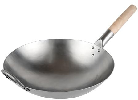 Restaurantware-Motomori 14 Inch Hand-Hammered Carbon Steel Woks, 10 Traditional Japanese Woks - Round Bottom, Wooden Handle, Black Carbon Steel Traditional Stir Fry Pans, With Helper Handle