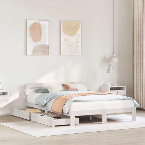 vidaXL King Size Bed Frame without Mattress - White Solid Pine Wood - 150x200 cm (LxW) - Modern Double Bed with Plywood Slats, Under-Bed Storage Drawers and Headboard