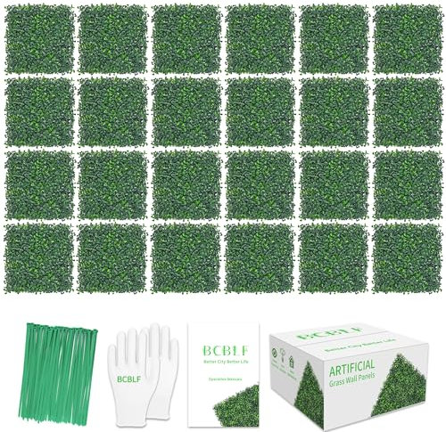 BCBLF Graswandpaneele, 25,4 x 25,4 cm, 4 Schichten, UV-Schutz, Buchsbaum, Grünhecke mit 50 Kabelbändern, geruchloser Kunstrasen-Hintergrund, für den Innen- und Außenbereich, Privatsphäre, Geburtstag,