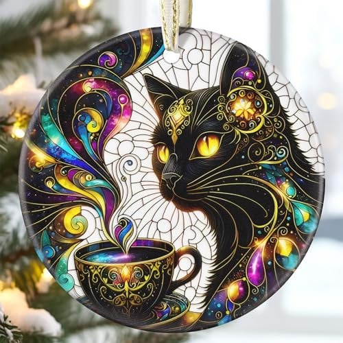 3.5 Ceramic Black Cat Heirloom Keepsake - Cat Christmas Ornament for Tree, Gift Idea