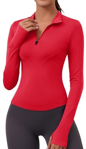 Rapbin Womens Gym Tops Long Sleeve Sports T-Shirt Fitness Workout Yoga Crop Tops Ladies Running Tee Shirts 1/4 Breathable Activewear with Thumb Holes Red XL