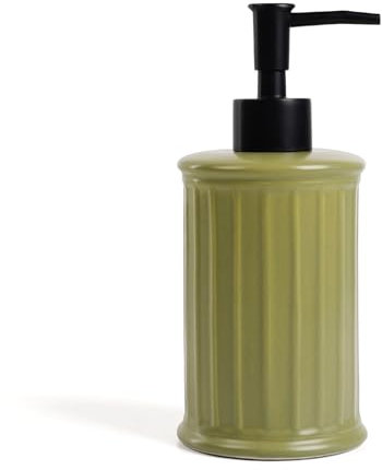 Umlaca Seifenspender Keramik Spülmittelspender, Nachfüllbarer Seifenspender Keramik 350ml, Pumpspender mit Streifenmuster, Soap Dispenser Geeignet für Küche, Bad (Gelbliches Grün)