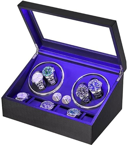 ANWBROAD Remontoir à Montre Ecrins pour Montres Automatiques pour 4 +6 Boîte à Remontoir de Rangement Supersilencieux Luxueux Watch Winder LED Légère 4 Modes de Rotation (Fibre de carbone)