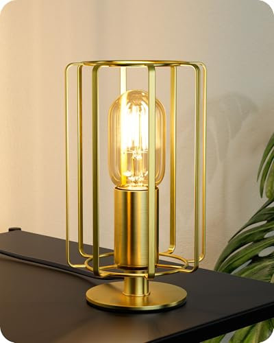 EDISHINE Table Lamp, E27 Socket & LED Bulb Included, 21.5CM, 2400K Bedside Lamp with Gold Cylindrical Flat Iron Cage Shade for Bedroom, Living Room
