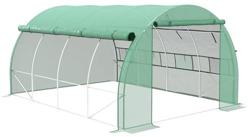 Outsunny Invernadero de Exterior 4x3x2 m Invernadero de Túnel con Puerta y 8 Ventanas de Malla Enrollables Invernadero de Huerto para Patio Jardín Verde