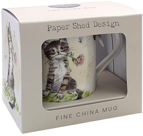 The Leonardo Collection Paper Shed Design Cat with Rose Mug for Home & Kitchen | Stylish Ceramic Mugs for Tea & Coffee | Lovely Cup Set for Mens Gifts & Birthday Gifts for Women