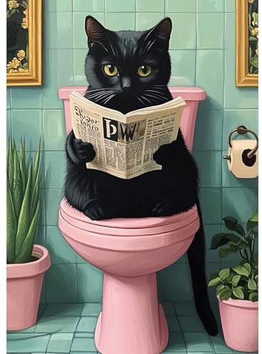DAERLE Diamond Painting Erwachsene, Lustige schwarze Katze, Diamant Painting Bilder Katze im Badezimmer, 5D Diamond Painting Set für Anfänger, DIY Mosaikherstellung Bastelset für Haus Wanddeko 30x40cm