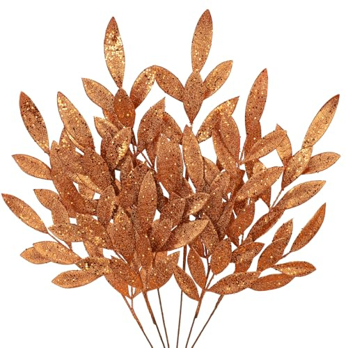 Hollyone 60CM Weihnachten Picks Glitzer 6 PCS, Weihnachtsdeko Glitzer, Weihnachten Blätter, Glitter Kunstzweig Blätter Orange mit Lange Biegbare Stiele für Weihnachtsbaum Neujahr Dekoration