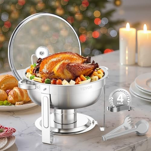 VEVOR Chafing Dish Buffet Set, 5 Qt 4 Pack, Stainless Steel Chafer with 4 Full Size Pan, Round Catering Warmer Server with Glass Lid Water Pan Folding Stand Fuel Holder, for Wedding Party Banquet