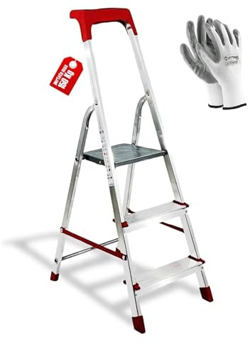 Hytama Haushaltsleiter aus Aluminium, leicht, tragbar, mit Ablage, faltbar, robust, platzsparend, Tragkraft 150 kg, hergestellt in Italien, zertifiziert + Handschuhe (3 Stufen)