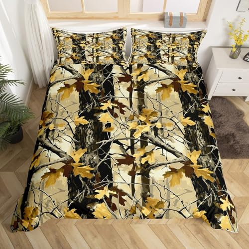 Juego de funda de edredón vintage con diseño de camuflaje de caza de selva, ramas de árboles naturales, juego de ropa de cama con 2 fundas de almohada