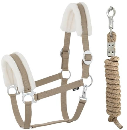 JA Horse Kunstfell Halfter Führstrick Set mit Panikhaken verstellbar Pferdehalfter Pferd Holzpferd Anbindestrick (Kunstfell Panikhaken Khaki, Full)
