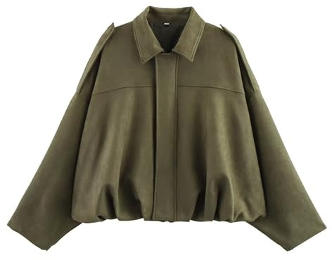 VDDTAGAM Wildlederjacke Damen Kurz – Oversized Bomberjacke aus Kunstwildleder mit Fleece-Futter, Warme Streetwear Winterjacke für Herbst （Green,M）