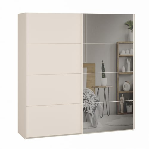 Forte SOPHISTISPACE Kleiderschrank 200, moderner Schwebetürenschrank, 2-türig, Einlegeböden, Kleiderstangen, Spiegel, Holzwerkstoff, Kaschmir|Beige, 200,1 cm breit x 210,5 cm hoch x 62,9 cm tief