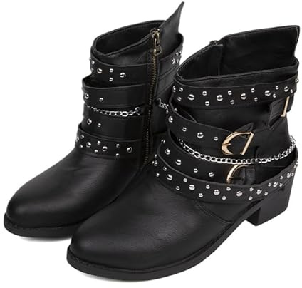 JXpxbao Damen Stiefeletten Biker Boots - Stiefel Mit Nieten Blockabsatz Bequeme Herbst Winter Frauen Schuhe Schnallen Vintage Cowboy Ankle (Schwarz,41)