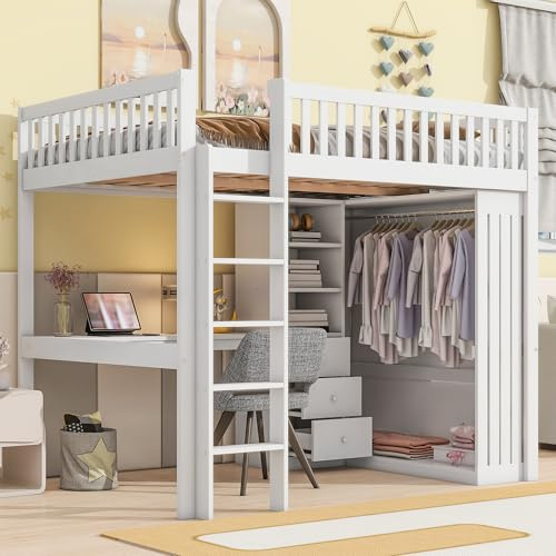 Generisch Hochbett 140x200cm Weiß mit Schreibtisch & Kleiderschrank – 3 Schubladen, Sicherheitsgeländer + Treppe – Multifunktionelles Jugendbett für Optimierte Raumnutzung (Ohne Matratze)