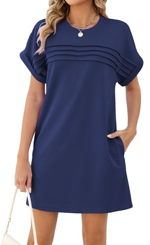Famulily Dresses for Women UK Casual Short Sleeve Mini Dress Ladies Summer Beach Sundress Loose Swing Party A Line Shirtdress Navy L