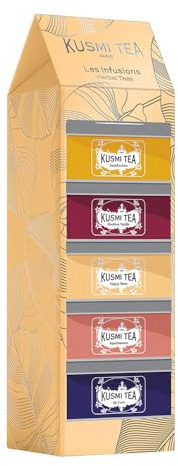 Kusmi Tea – Kräutertee-Set – Bio-Tee-Sortiment – Geschenkidee für Damen und Herren – Aromatisierte Kräutertees – Noten von Früchten, Mandeln, Gewürzen und Ingwer – 5 Dosen à 25 g
