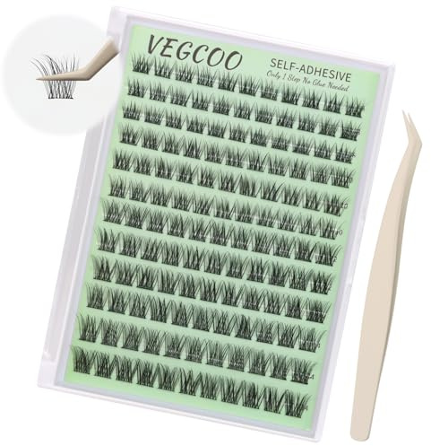 VEGCOO Ciglia Autoadesive, Ciglia Finte Ciuffetti Naturali Pre Glue Cluster Lashes, Kit Extension Ciglia C Curl Mix 8-14 MM con Pinzette Adatto ai Principianti
