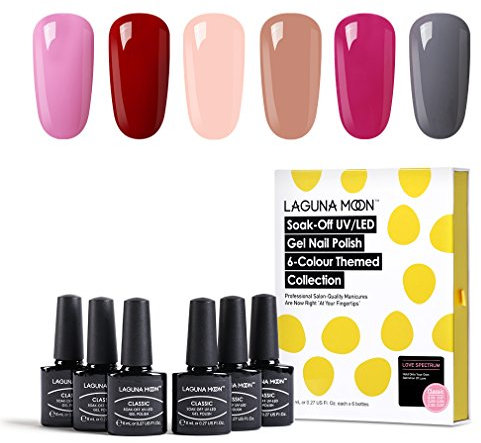 Lagunamoon Gel Nail Polish Set,Mixed 6 Colours Pink Nude Grey Red Gel Nail Polish Soak Off UV LED Manicure Set Requires Drying Under Nail Lamp-Love Spectrum