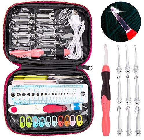 Vidillo Häkelnadeln mit LED, Set mit ergonomischen Lichtern, wiederaufladbar, eingeschaltete Haken, 9 Haken mit austauschbaren Köpfen, Stricknadeln mit Gummigriff (Rosa/Rot)