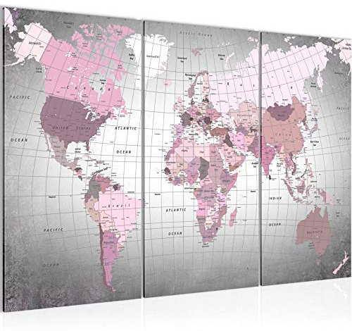 Runa Art Mappa Del Mondo Quadri Soggiorno Grande Rosa Grigio Continenti 120 x 80 cm 3 Pezzi Decorazione Murale 023331c