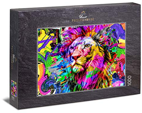 Ulmer Puzzleschmiede - Puzzle „Farben-Pracht“ - Modernes 1000 Teile Puzzle – farbenfrohes Puzzlemotiv eines majestätischen Löwen - abstraktes Gemälde als modernes Tierpuzzle