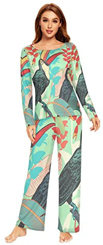 Anantty Damen Schlafanzug-Set Tropische Blätter der Vögel-Tukane Pyjama Woman Set, Lang Nachtwäsche Hausanzug Negligee Sleepwear