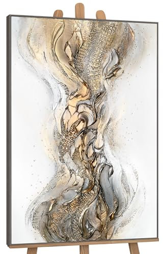 YS-Art Luxus Abstrakt Acryl Gemälde auf Leinwand Anmut handgemalt Wandbilder Wohnzimmer modern Wohndekor Praxis Lobby Gold Weiß Bild echtes Kunstwerk 120x80 cm