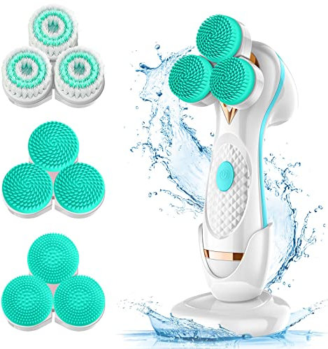 3D Facial Cleansing Brush, Electric Face Scrubber with 3 Replacement Heads for Deep Cleaning|Gentle Exfoliate|Tighten Skin (Blue)