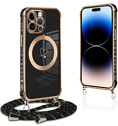 Pnakqil handyband für iPhone 14 Pro Max Hülle mit Band, Kompatibel mit MagSafe, Handyhülle Ultra Dünn Silikon Magnetisch mit Herz Love Muster Schutzhülle mit Kordel für iPhone 14Pro Max, Schwarz