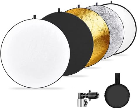 NEEWER 110cm Reflektor Fotografie Licht Diffusor & Reflektor Halter Klammer für Leuchte Stativ, 5 in 1 Pop up Disc Reflektor Set mit Tasche Translucent/Gold/Silber/Schwarz/Weiß für Außenlampe, RF-110