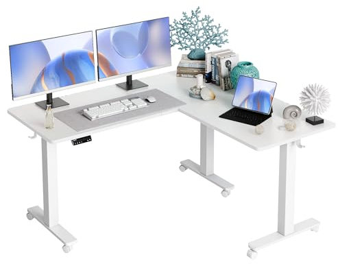 Claiks L Shaped Electric Corner Standing Desk, Triple Motor Height Adjustable Desk for Home Office, 160x140cm Stand Up Desk with Splice Board, White Frame/White Top