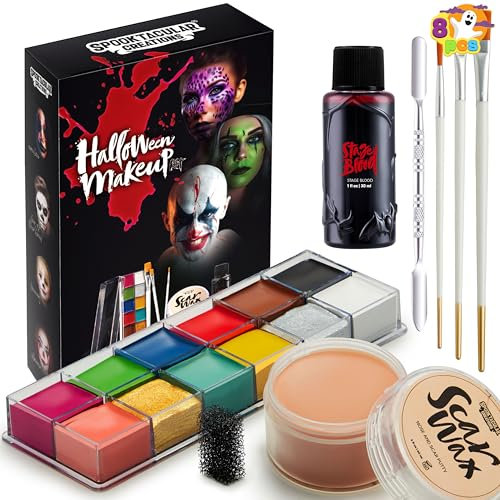 Spooktacular Creations 8 PCS Halloween Makeup Kit SFX Face Body Paint Set with Wound Scar Wax,12 Colors Face Paint Palette,Fake Blood,Spatula,Brushes for Halloween Costume,Zombie Makeup Dress Up