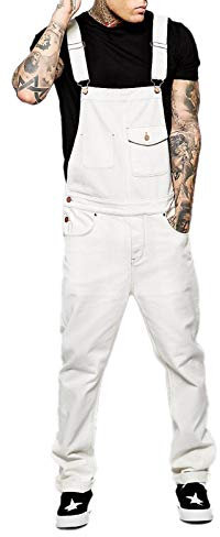 JINNELLE Salopette da uomo in cotone con bretelle a gamba dritta, bianco, XL